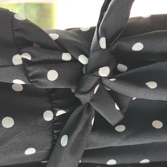 BLACK AND WHITE POLKA DOT WITH GATHERED STITCHING AROUND NECKLINE AND WAIST - Picture 3 of 6
